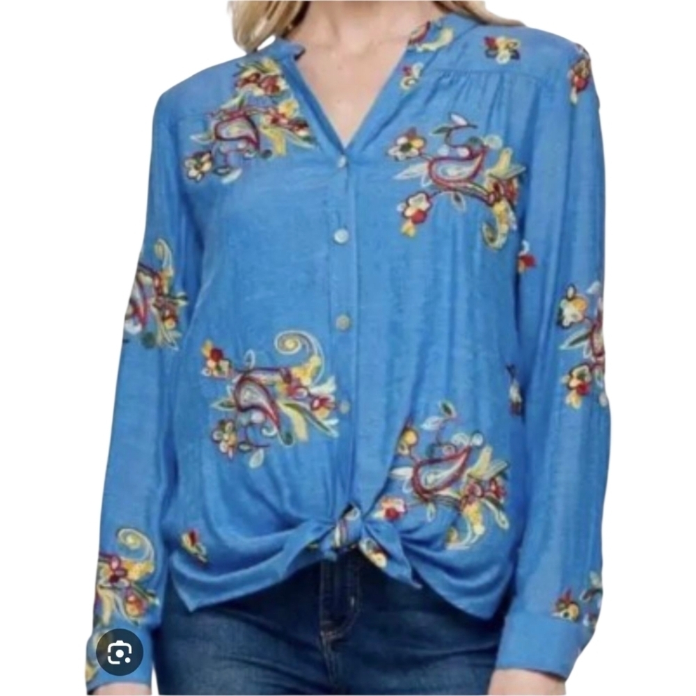 Fig & Flower Embroidered Floral Paisley Roll-Tab Tunic Blouse Turquoise Teal L